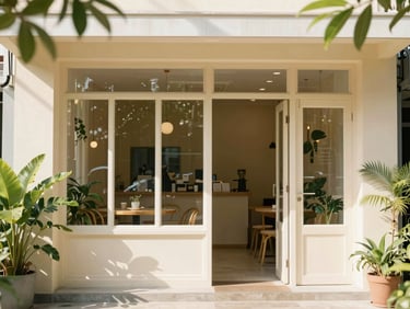 Exterior shot of a charming cafe entrance in Kampung Baru, Ampang, with lush greenery, bright natural daylight, warm tones, shallow depth of field, 35mm