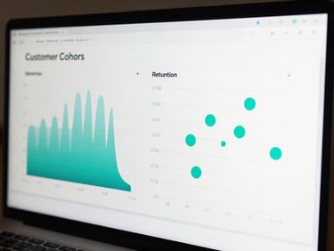 A high-contrast Tableau dashboard visualizing customer cohorts, displaying a clean retention heatmap and a clean scatter plot with teal accents.