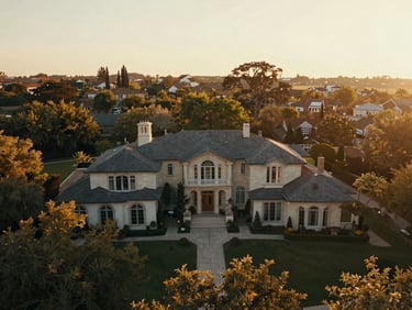 Cinematic drone wide shot of an expansive outdoor estate at golden hour, warm natural light, rich editorial tones.