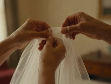 Intimate close-up of hands adjusting a veil, soft ambient room lighting, 35mm film grain, warm cinematic tones.