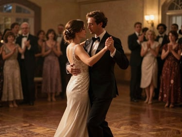 Cinematic medium-wide of a first dance, warm ambient lighting, rich editorial tones, shallow depth of field.