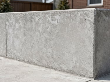 Wide shot of a finished concrete retaining wall in a Louisville backyard, clean straight top edge, smooth face finish, natural daylight showing texture and solid construction, no people