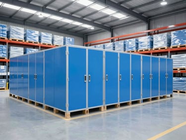 Interior of a modern, clean cold-storage warehouse with organized pallets under crisp cool-toned industrial lighting.