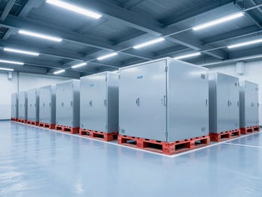 Clean interior of a modern cold-storage facility, neat rows of pallets under cool-toned industrial lighting.