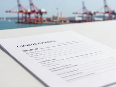 Close-up of professional customs clearance documents on a clean desk, with a soft-focus background of port terminals.