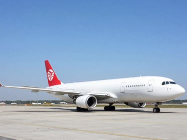 Modern cargo plane on a bright airport tarmac during daytime, clean blue sky, sharp focus.