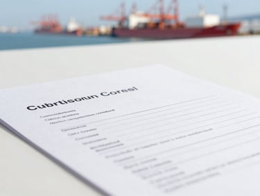 Close-up of professional customs clearance documents on a clean desk, with a soft-focus background of port operations.