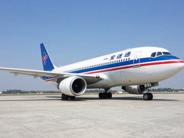 Low-angle powerful shot of a cargo plane on the tarmac under bright daylight, clean blue and red branding accents.