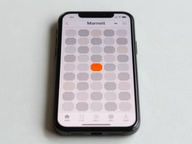 Close-up of an Android phone showing a minimalist strategy game board, clean grid or hex layout in muted tones, single bold accent move highlighted, neutral daylight, phone centered on bare pale surface