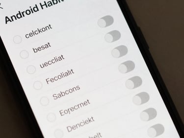 Overhead close-up of an Android habit checklist interface, minimal row items with toggle switches, neutral background, flat studio light