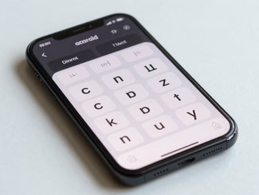 Overhead close-up of an Android phone screen showing a minimalist word or logic game in progress, clean dark UI with sparse typography, bright daylight from above, phone resting on empty pale desk