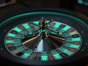Close-up of a roulette wheel with a neon cyan glow, shallow depth of field, dark background, sleek dark-mode digital photography, high-contrast tech aesthetic.