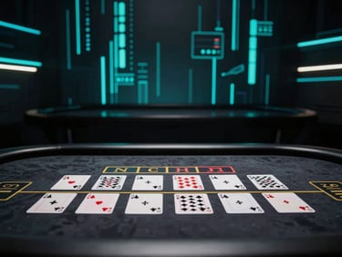 Baccarat table with cards, dramatic stadium lighting, abstract glowing data streams in background, sleek dark-mode digital photography, high-contrast tech aesthetic.