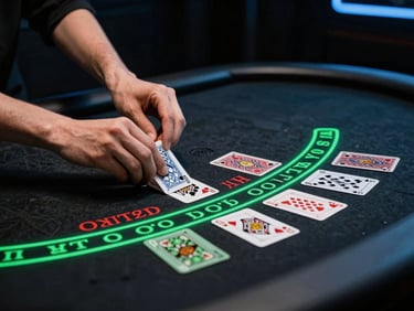 Professional live dealer's hands on a blackjack table, cards dealt, neon green accents, dark studio, sleek dark-mode digital photography, high-contrast tech aesthetic.