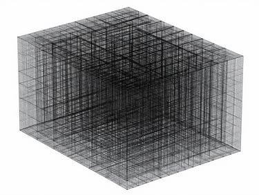 Orthographic wireframe model of a predictive data array, high-contrast monochrome, sharp line art, digital blueprint aesthetic.