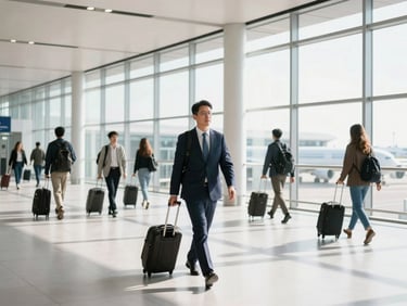 Modern airport terminal interior with bright natural daylight streaming through high windows, travelers walking with luggage, professional clean environment.