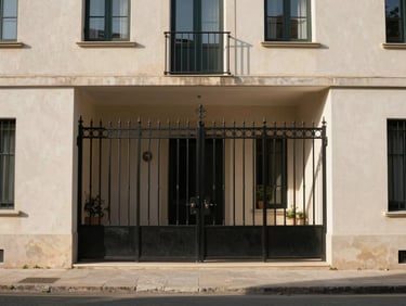Façade d'une villa moderne sécurisée à Sica, portail en fer forgé noir, murs clairs sous la lumière du soleil équatorial de l'après-midi, accès route dégagé.