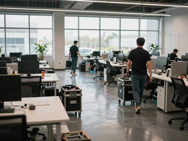 Wide environmental shot of an open-plan office mid-move, desks cleared, chairs stacked, crew members rolling equipment dollies across polished floor, daylight through floor-to-ceiling windows