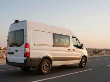 Side view of a loaded moving van on a straight UAE highway at sunrise, cargo door secured with straps, empty road ahead, warm golden light on the vehicle flank