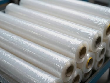 Close-up of bundled transparent PE plastic stretch films, industrial sorting background
