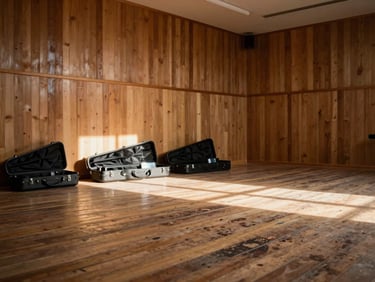 Wide environmental interior of a wood-panelled rehearsal room, late afternoon north-facing daylight crossing worn floorboards, instrument cases open along one wall, no people, warm shadow detail in the far corner