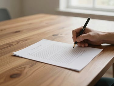 Close-up of hands signing documents on a warm-toned wooden table, soft natural daylight, shallow depth of field