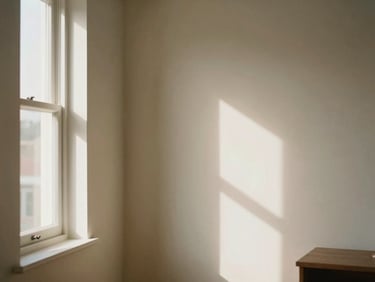 Soft-focus warm interior of a family home with sunlight streaming through a window, elegant minimalist decor