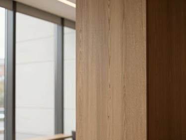 Architectural detail of a boutique modern office, clean lines, warm oak wood and soft neutral textures