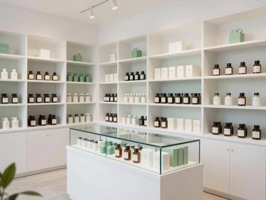 Bright, clean interior of a modern apothecary storefront in Alexandria, featuring structured white shelving, glass display cases, and minimalist green accents under even, soft lighting.