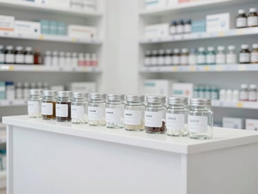 Bright, clinical studio shot of a modern pharmacy counter, white surfaces, minimalist glass jars with precise labels, clean interior.