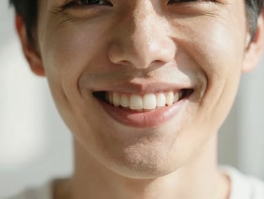 Sunlit close-up of a patient smiling warmly, showing healthy white teeth, shallow depth of field, 35mm