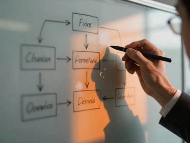 Cinematic macro shot of an executive's hands sketching a system flow on a glass whiteboard, sharp architectural shadows, warm orange accent lighting.