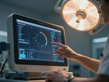 High-contrast macro shot of a clinician interacting with a modern digital medical dashboard, cool surgical lighting with warm ambient orange highlights