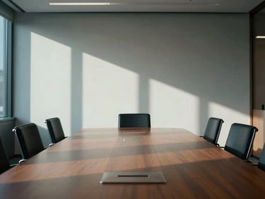 Wide panoramic view of a minimalist corporate boardroom in New York, high-contrast architectural shadows, cool-toned ambient light with warm orange highlights, 35mm.
