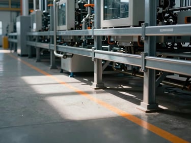 Wide environmental perspective of a modern automated manufacturing facility, dramatic architectural shadows, cool steel tones with safety-orange warning lines