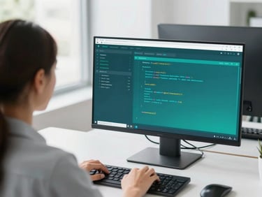 Over-the-shoulder shot of a software developer working on Odoo code, clean modern interface with teal dashboards visible, bright daylight office setting