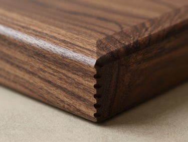 Macro close-up of a splined corner joint on a dark walnut frame, natural side-light highlighting the precise wood grain and hand-planed finish