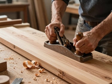 A craftsman using a traditional hand plane on a long cherry wood plank in a sunlit workshop, wood shavings curling off the surface.