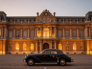 Panoramic view of a grand palace facade at dusk, illuminated with warm lights, with a vintage car parked elegantly in the foreground, rich architectural depth, 35mm