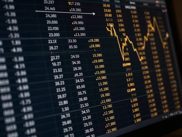 Dark editorial close-up of a modern financial terminal screen displaying structured balance sheet formulas and debt-to-equity ratios, golden lines on deep charcoal, sharp focus