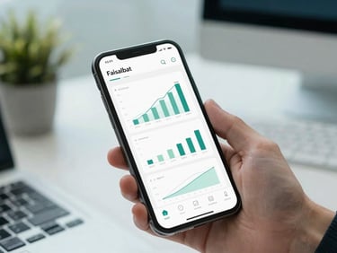 Close-up of a mobile device displaying a clean minimalist user interface with charts, held by a developer in a modern Faisalabad workspace, natural light, sharp focus