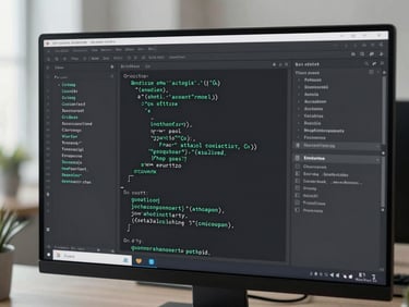 Clean code editor displaying structured Go syntax on a high-resolution screen, dark mode, crisp mint-green syntax highlighting, 35mm editorial photography