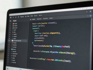 Tight macro shot of a clean code editor showing actual React syntax on a high-resolution screen, cool natural office light, desaturated slate and mint tones