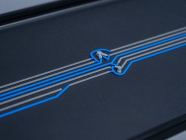 Clean technical schematic diagram of a fiber network layout with dual-path failover, slate gray and electric blue lines on a dark background, crisp focus