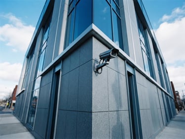 Low-angle sharp technical photography of a modern building exterior with a high-definition CCTV camera cleanly mounted to the corner, cool daylight casting crisp shadows, slate gray tones, 35mm.
