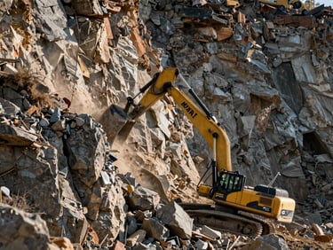 Dramatic natural light on a sheer cliffside excavation, heavy machinery stabilizing the slope against a rocky face.