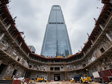Wide low-angle shot looking up from the bottom of a massive skyscraper excavation pit, overcast daylight emphasizing the sheer scale of the earthworks.