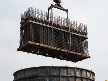 Massive steel rebar cage being lowered into a deep cylindrical shaft, heavy machinery, high-contrast overcast daylight