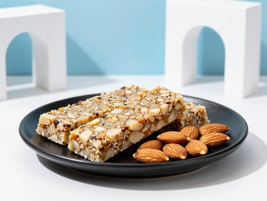 High-key studio product photography of organic energy bars and raw almonds arranged neatly on a matte black ceramic plate, bright daylight, 35mm