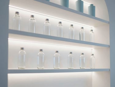 Tight macro shot of glowing interior LED shelves stocked with premium healthy drinks, pristine glass reflections, minimalist design.